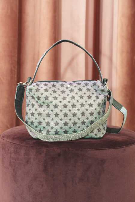 Astuccio baby viola cangiante, con stelline e tracolla glitter argento