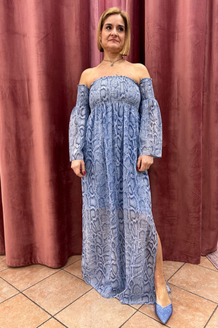 Abito lungo pitone azzurro con spacchi laterali