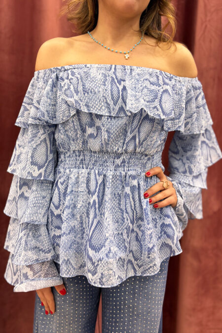 Blusa volant, pitone azzurro, elastico sulle spalle