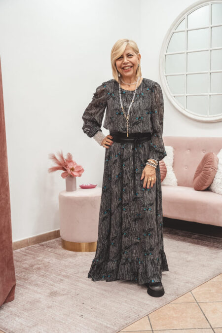 Abito “Il thè delle cinque” lungo – Fantasia occhi di gatto azzurro