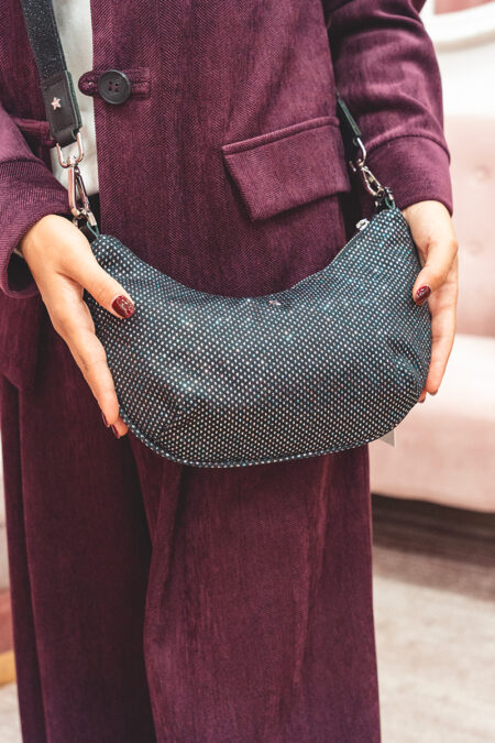 Borsa L’Aura Semiluna glitter argento e nero con tracolla