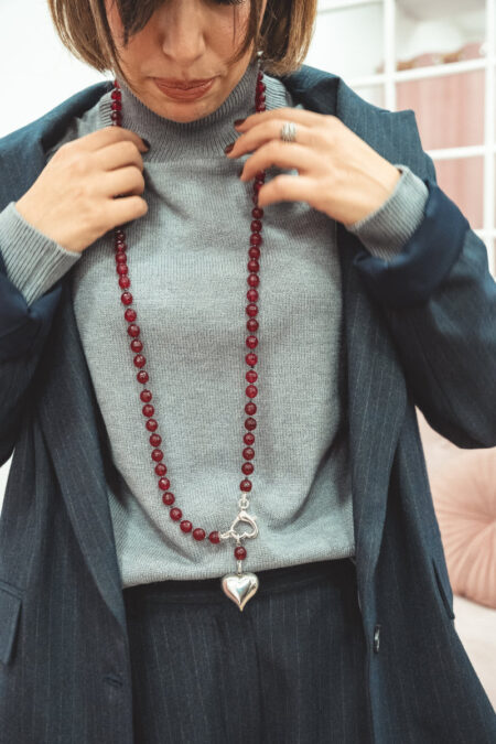 Collana artigianale con giada, tormalina, ematite e cuore pendente